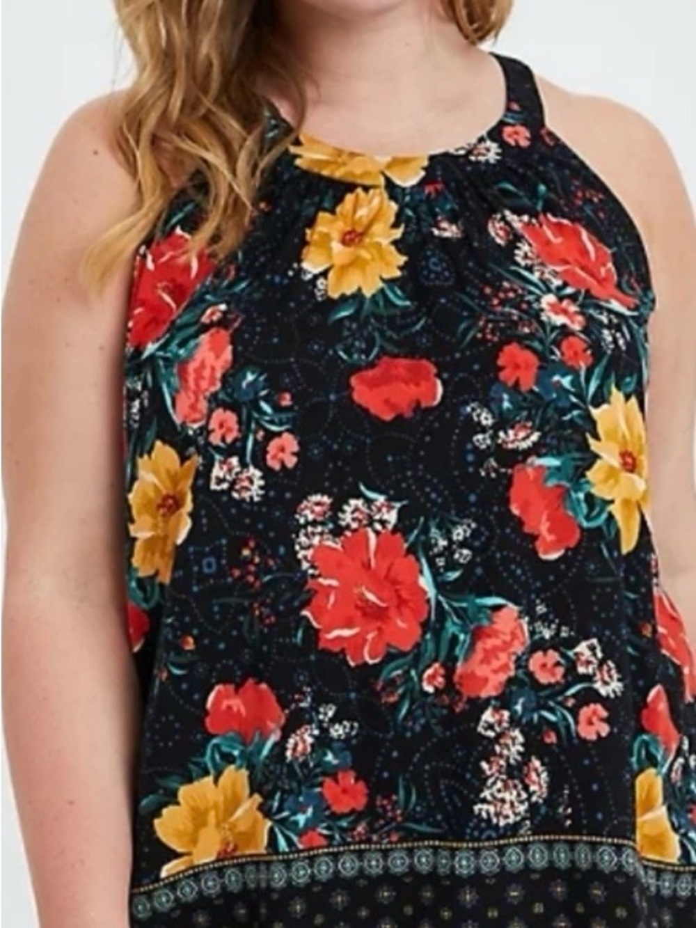 torrid Black Floral Halter Tank with Red & Yellow Blooms NWOT  torrid size 00